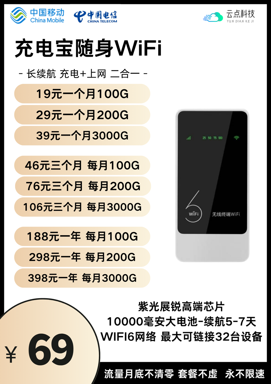 紫光展锐双网充电宝随身WiFi产品-云点科技